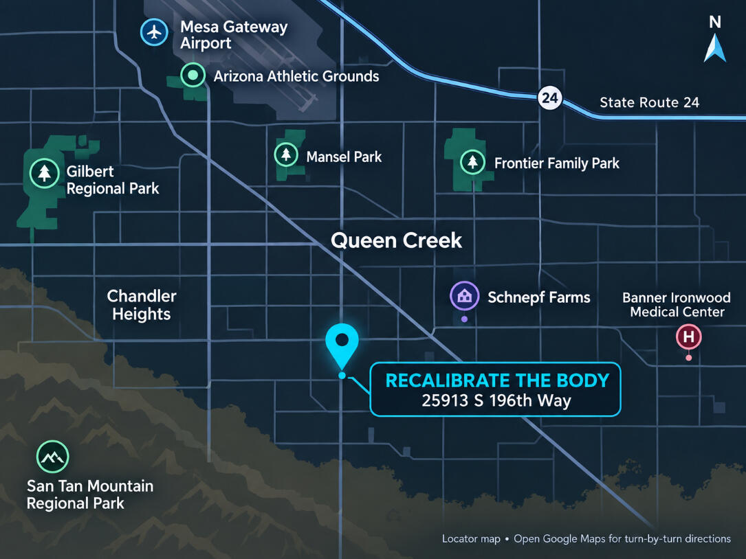 Locator map for Recalibrate The Body Myopractics at 25913 South 196th Way in Queen Creek, Arizona.