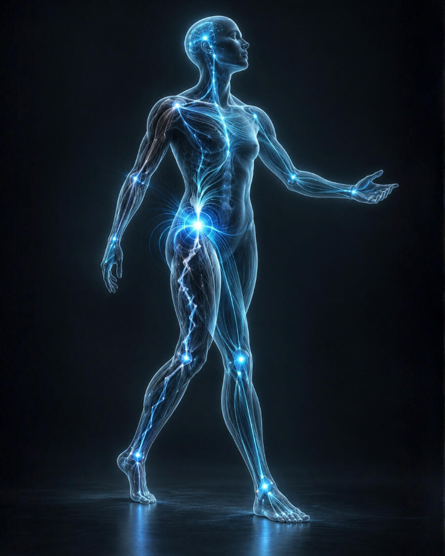Futuristic human figure illustrating how tension and movement patterns connect throughout the body.